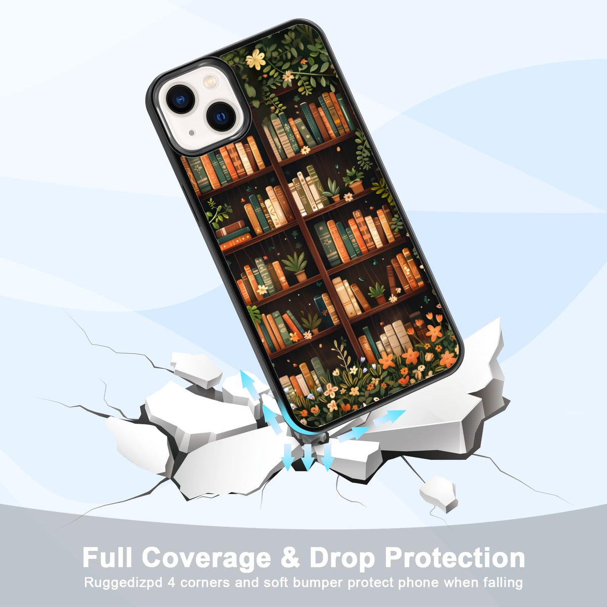 Aesthetic Floral Bookshelf Book Phone Case Compatible with iPhone 14 Plus Case 6.7 Inch, TPU Shockproof Protection Vintage Flowers Bookish Art Reading Book Lover Gifts Phone Case for Girl Women Cover