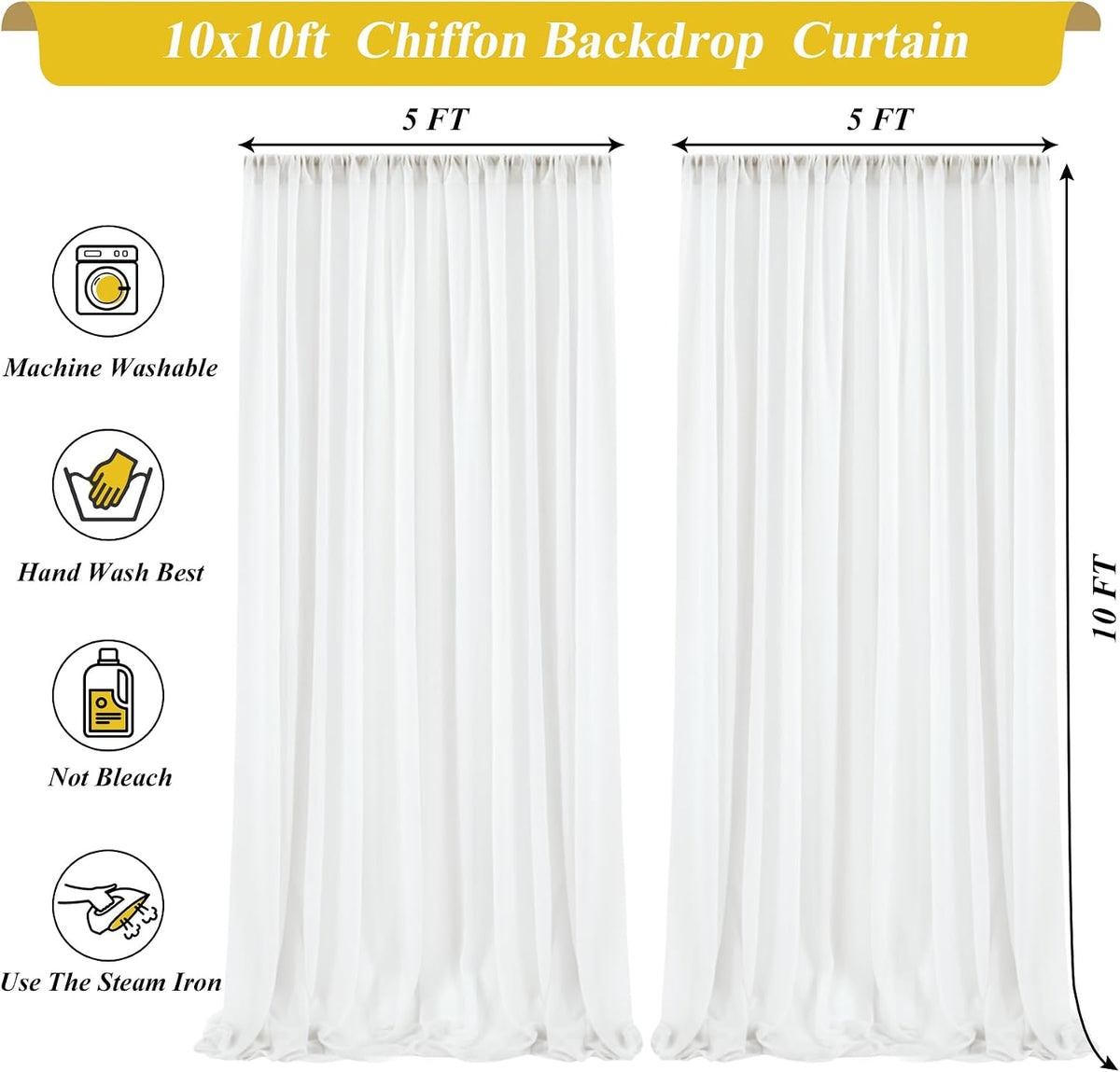 Shillance 10x10ft Cream White Chiffon Backdrop Curtain with Lights String for Wedding Sheer Tulle Curtain Photo
