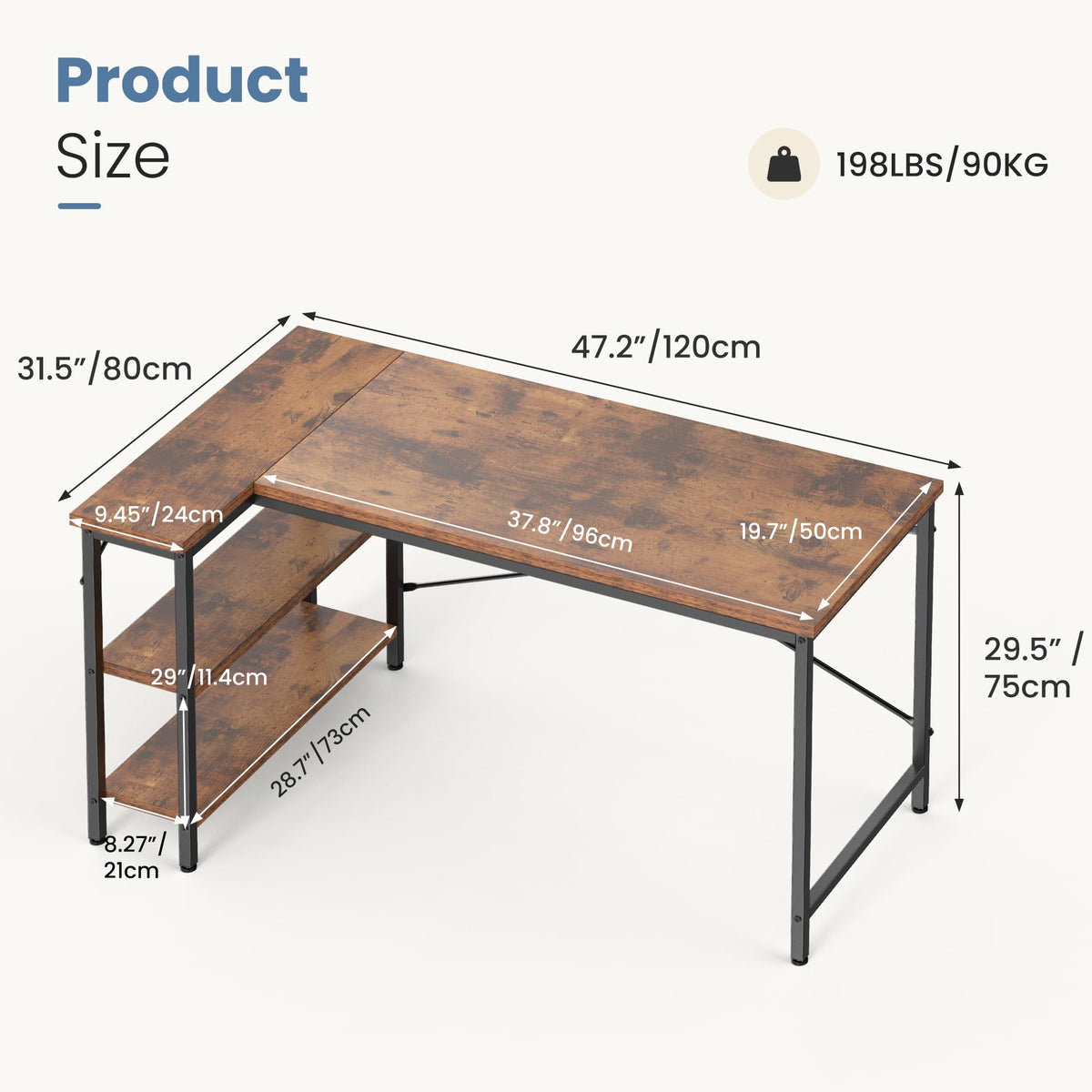 DUMOS L Shaped Desk 47 Inch Computer Desk Gaming Furniture Corner Desks Home Office PC Table with Reversible Storage Shelves for Writing Working Study Bedroom Dorm, Rustic Brown