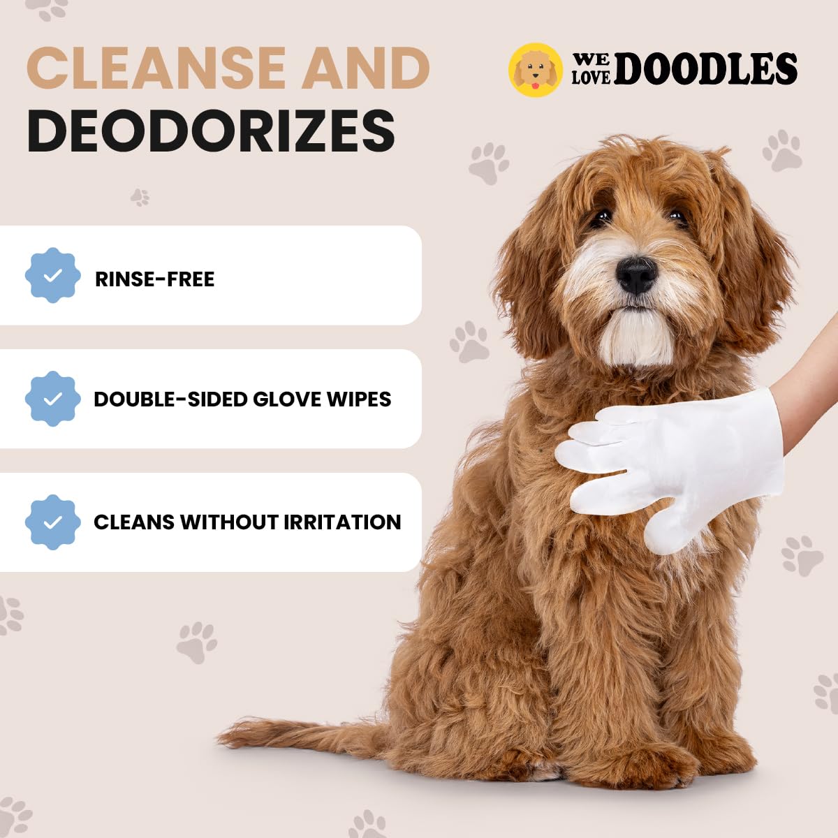 We Love Doodles Dog Gloves Wipes & Dog Slicker Brush Bundle - Pet Bathing Wipes for Dogs, Paws, Face, Body, Ears - Pet Grooming Detangler Pin Dog Brush, Goldendoodle Long Pin Brush for Dematting
