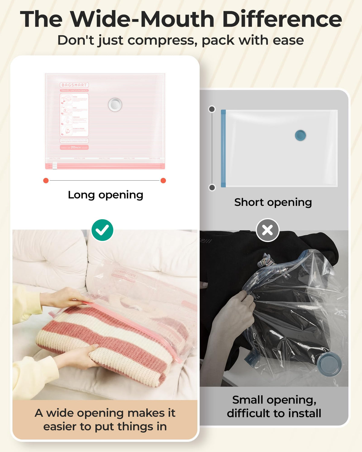 BAGSMART Vacuum Bags for Travel with Rechargeable Air Pump, Portable Space Saver Bags for Travel & Home, Vacuum Compression Seal Bag for Clothing, 18 Pack Pink with Shoe, Laundry & Toiletry Bags