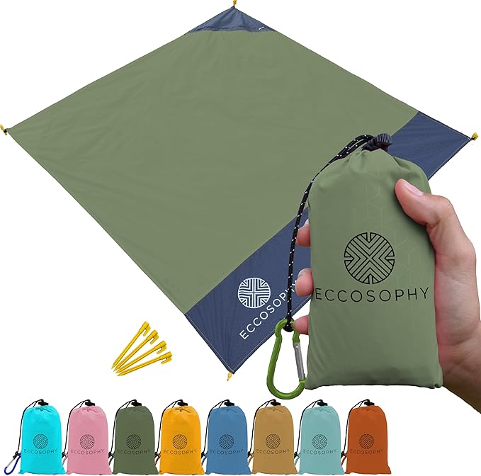 ECCOSOPHY Sand Proof Beach Blanket - Waterproof Picnic Blanket 60x55-Outdoor Compact Pocket Blanket-Lightweight Ground Cover for Hiking, Camping, Festivals, Sports, Travel-with Bag & Stakes (Olive)