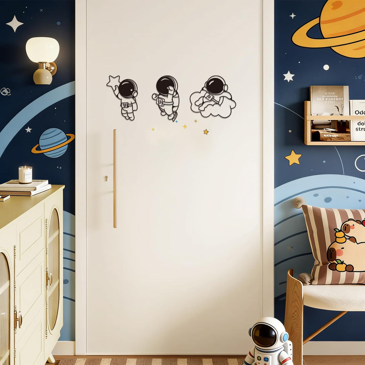 Jasscare Metal Astronaut Wall Art Decor Set of 3, Spaceman Iron Wall Hanging, Modern Space Themed Wall Decoration for Kids Room Bedroom Living Room Nursery, Gifts for Space Lovers
