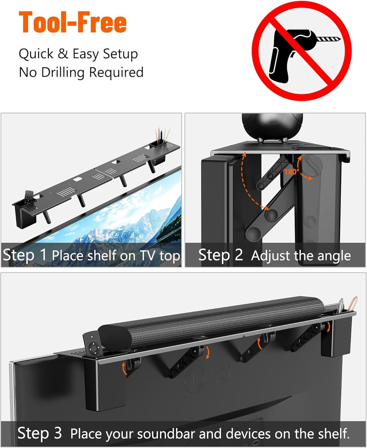 CUISIBOT 15 lbs, (33.8") Soundbar Mount, No Drilling Steel TV Top Shelf with Storage Boxes, Sound bar Mount up