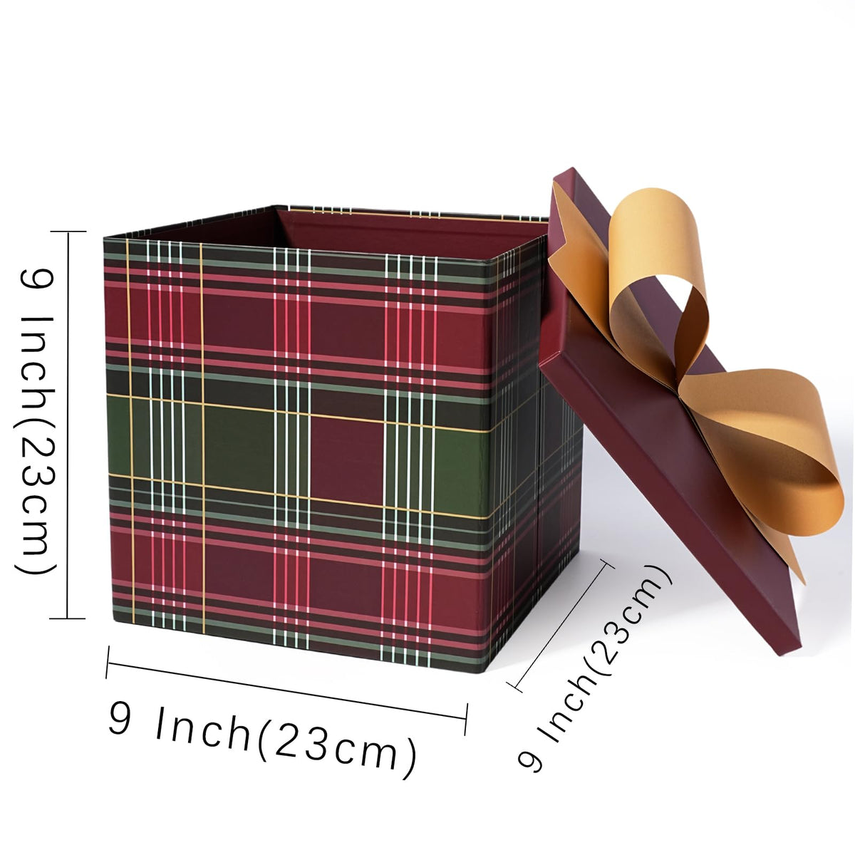 BIOBROWN Medium Christmas Gift Boxes with Lids for Presents, 9x9x9 Inches Red and Green Tartan Plaid Design Collapsible Gift Box for Xmas, Party, Holiday