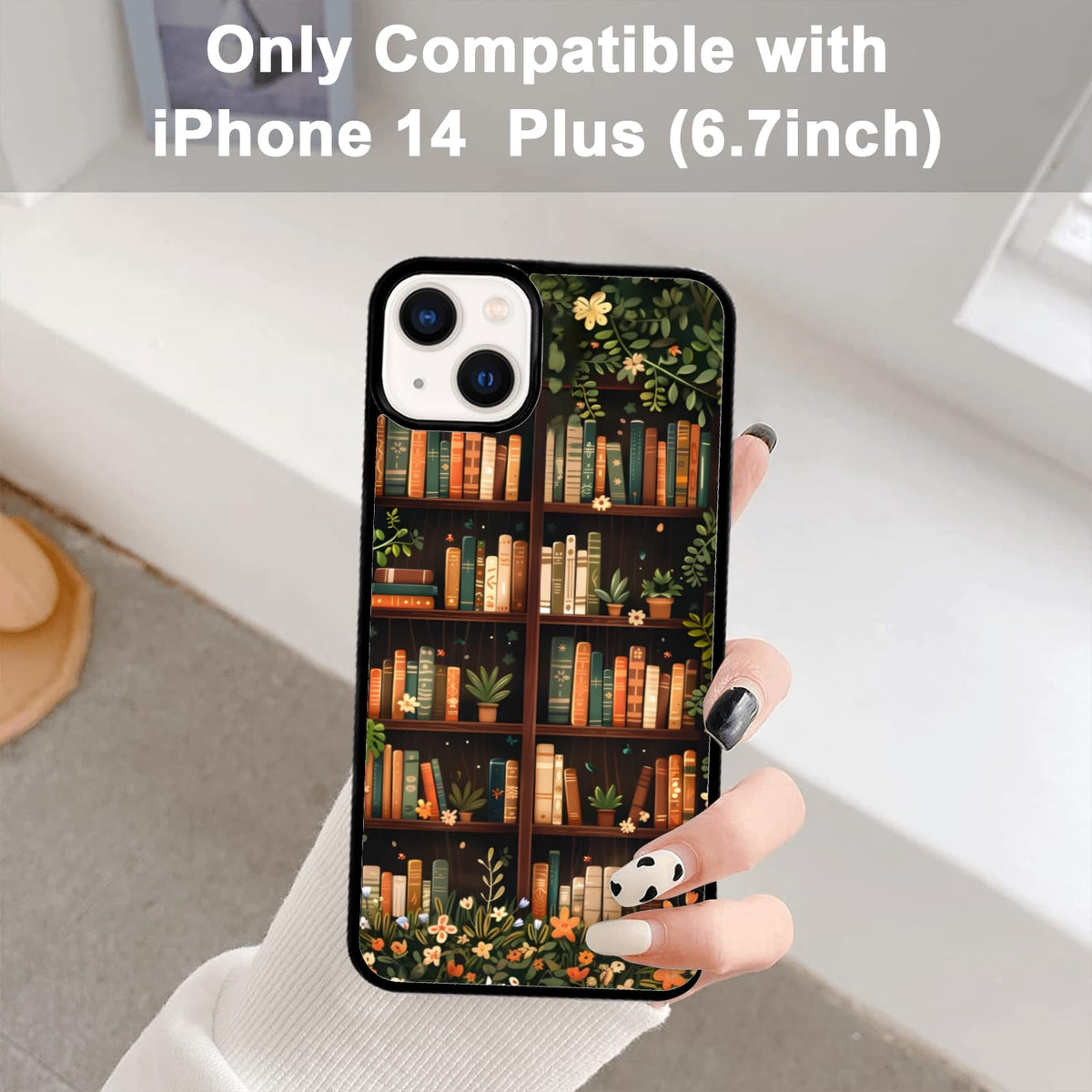 Aesthetic Floral Bookshelf Book Phone Case Compatible with iPhone 14 Plus Case 6.7 Inch, TPU Shockproof Protection Vintage Flowers Bookish Art Reading Book Lover Gifts Phone Case for Girl Women Cover