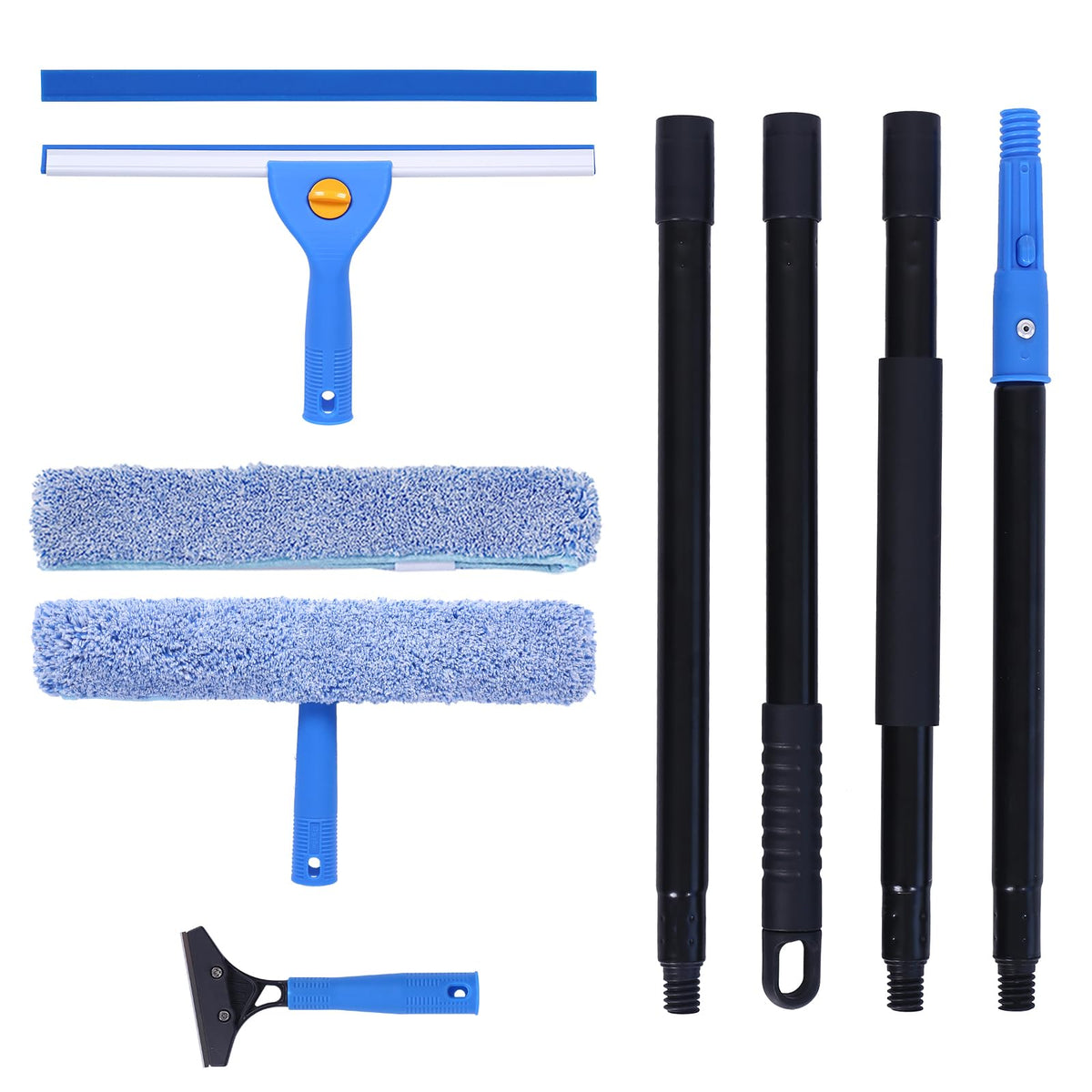 3-in-1 Professional Window Squeegee Kit with 2 Squeegee, 2 Microfiber Scrubber, 1 Razor Scraper, Thick Iron, 63.4" Window Squeegee with Extension Pole for Car, Glass, Mirror, Wall, Bathroom, Home, Van