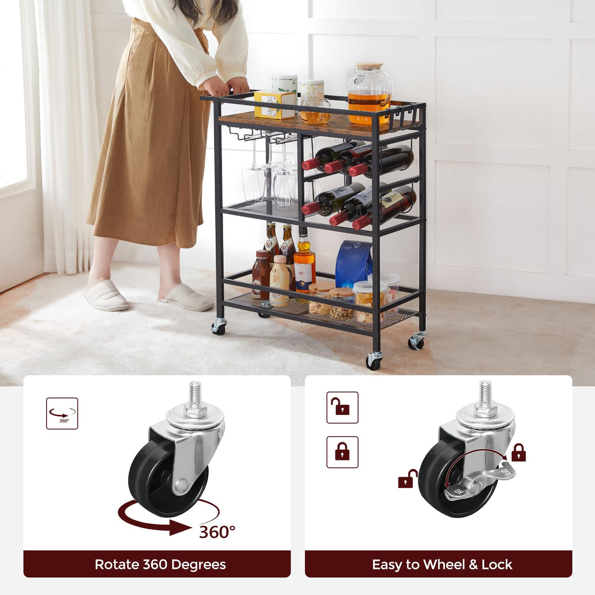 MAHANCRIS Bar Cart for Home and Bakers Rack with Power Outlet Bundle, Microwave Stand, RCHR6101-BRHR36E01