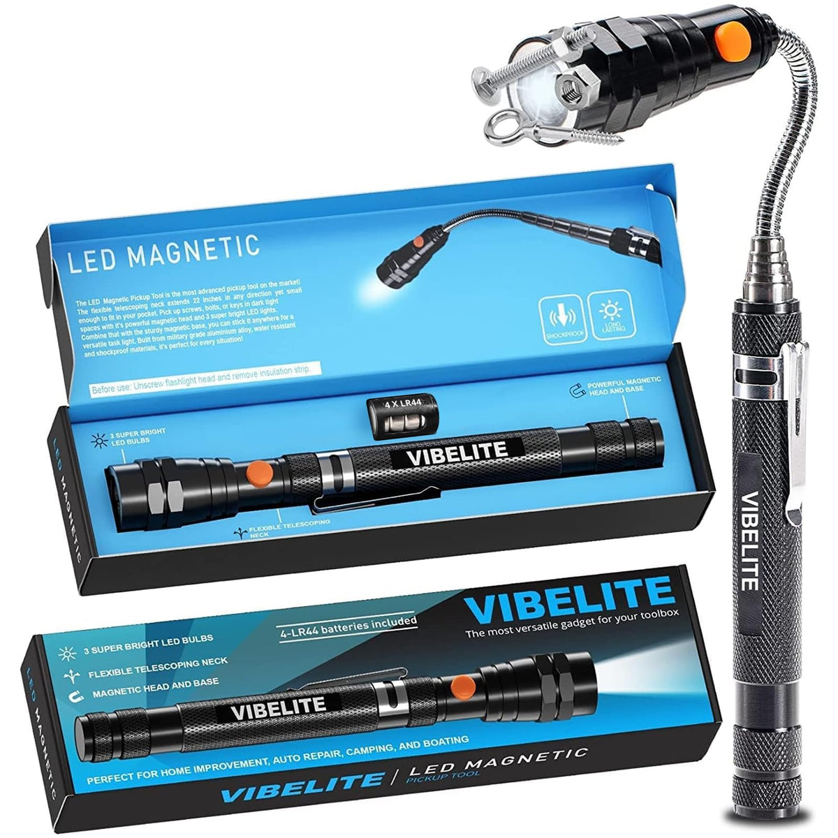 VIBELITE Extendable Magnetic Flashlight with Telescoping Magnet Pickup Tool-Cool Gadget Gifts for Men, Women, Him, Teen Boys, Husband, Dad, Father, Mechanic, Birthday Gifts for Men, Black