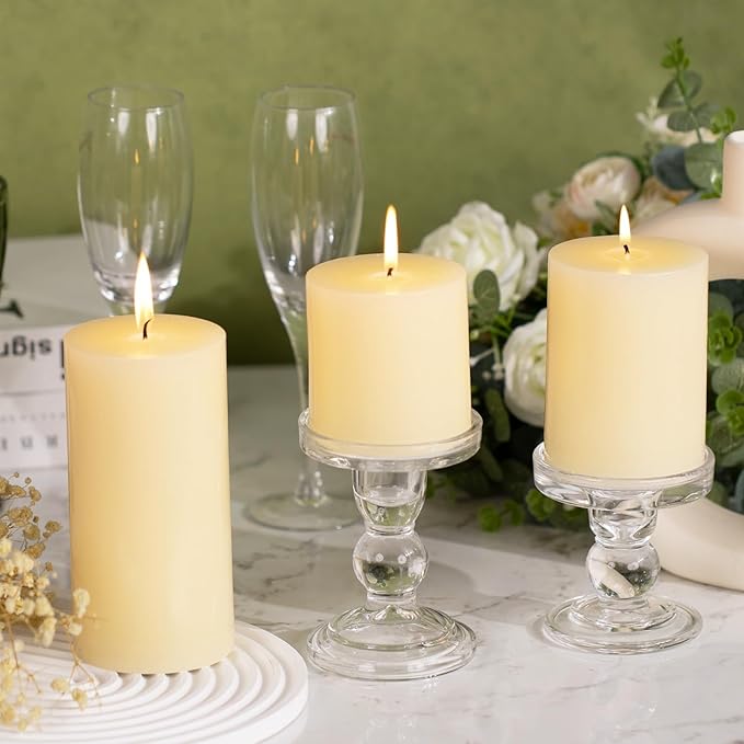 KONNI Ivory Pillar Candles Set of 3, 3"x 6" Unscented Pillar Candles Bulk, 56 Hours Long Burning Candles, Smokeless&Dripless Large Round Candle for Wedding, Home Decoration, Parties, Spas, Dinner