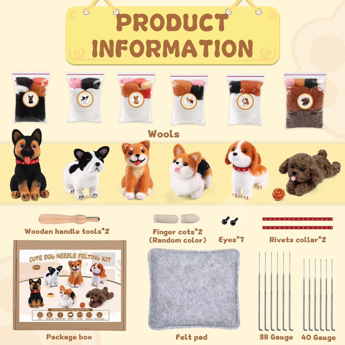 Mayboos 6 Pcs Needle Felting Kit, Animal Needle Felting Beginner Kits Wool Felt Needle Felting Tools with Instruction for DIY Craft Animal Home Decoration (Cute Dog)