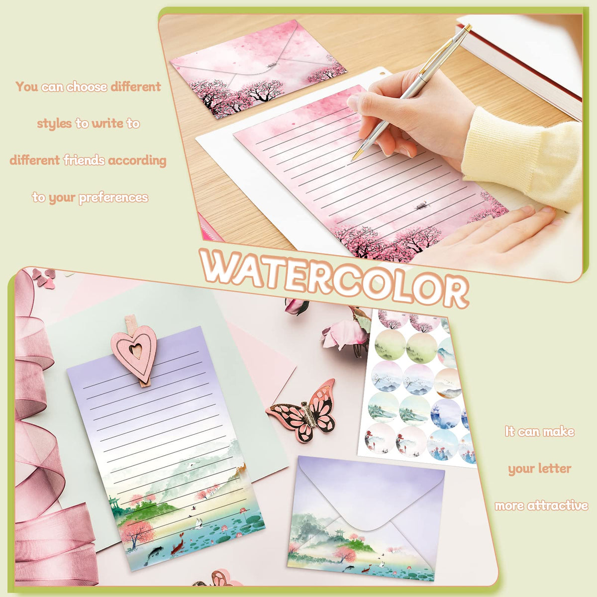 TaoBary 160 Pcs Stationery Paper Set 50 Double Sided Stationery Papers with 50 Matching Envelopes and 60 Round Dot Sticker, 10 Design(Ink Painting,5.5 x 8.25 Inch)