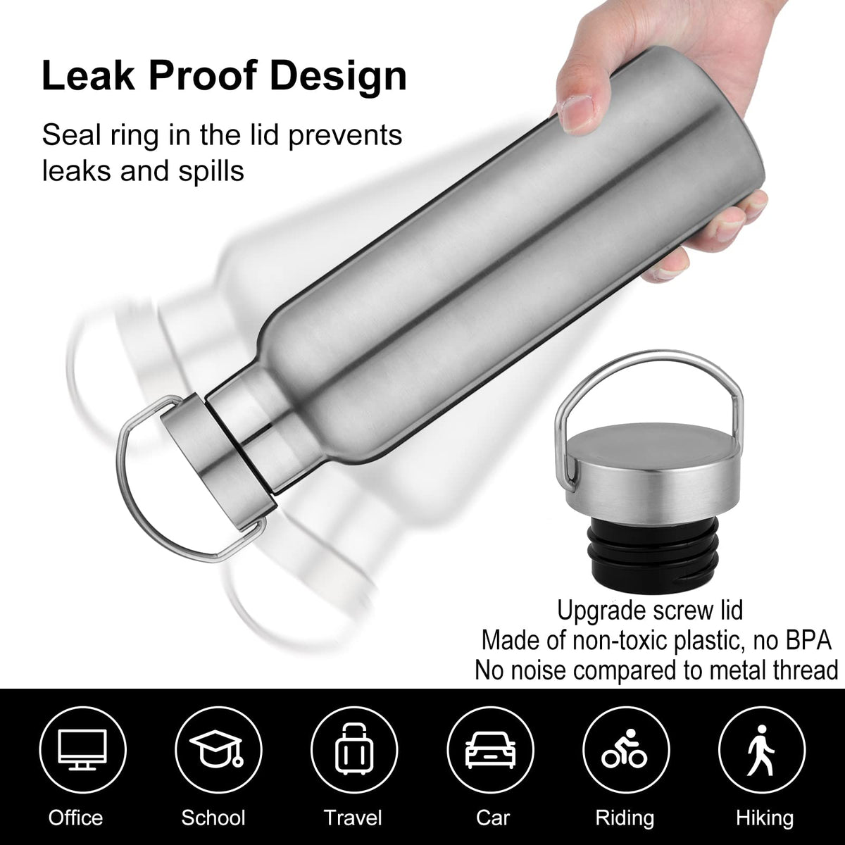 Neihepal Silver Stainless Steel Water Bottles,20 Ounce Vacuum Insulated Double Wall Travel Bottle with Leak Proof Lid of Handle,Metal Reusable Standard Mouth Flask Thermoses for School,Hikers,Gift