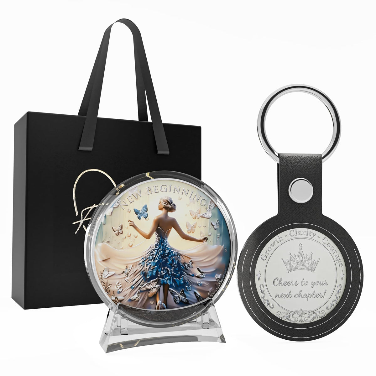 New Beginnings Gifts for Women, 3D Purple Butterfly Coin & Keychain Set, Inspirational Retirement Gift for Coworker, Teacher, Nurse, Boss, Farewell Going Away New Job Keepsake for Resilience & Growth