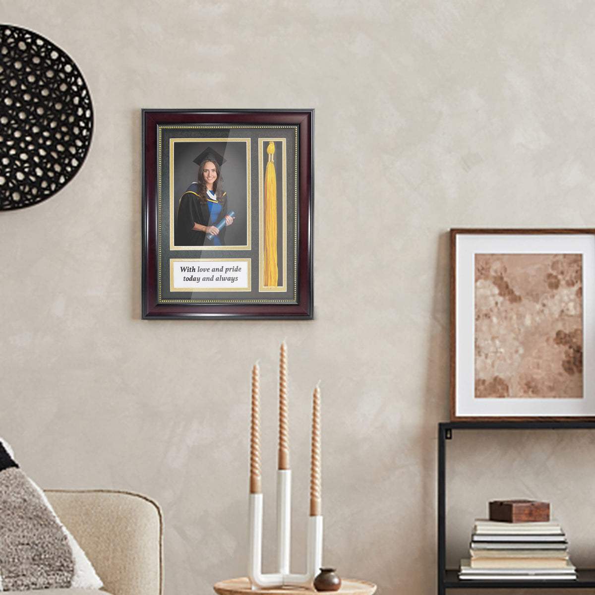GraduationMall Graduation Photo Shadow Box Frame with Tassel Holder for 5x7 Pictures,Real Glass,Black over Gold Double Mat,Wall & Tabletop Design