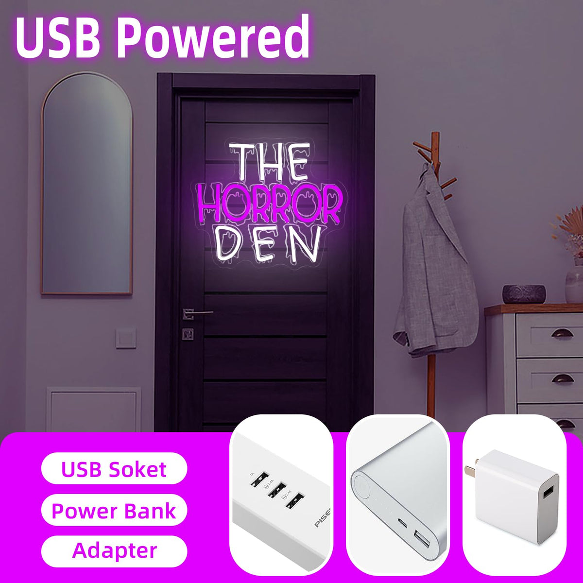 Jeanchrl The Horror Den Neon Sign Halloween Neon Lights for Teen Bedroom Horror LED Signs USB Powered Scary Neon Light Sign for Party Game Room Man Cave Spooky Neon Wall Art Unique Gift for Boys