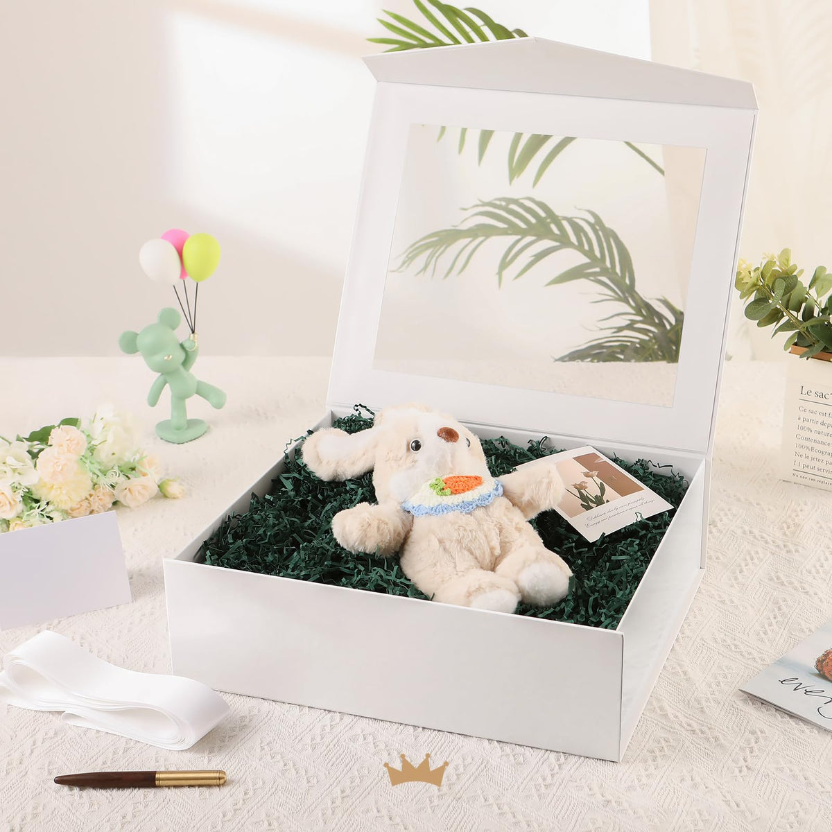 PACKQUEEN Extra Large White Gift Box with Window, 16.3x14.2x5 Inches Clear Gift Box for Present Contains Ribbon, Card, Bridesmaid Proposal Box with Lid (Glossy White)