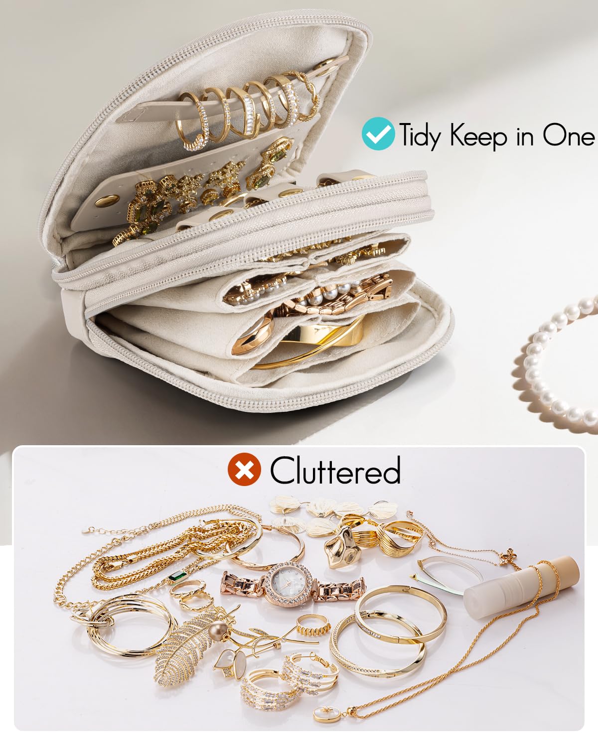 VLANDO Travel Jewelry Case,2-Layer Jewelry Organizer for Travel,Mothers Day Mom Gifts,Multi-Compartment Jewelry Storage for Rings Earrings Necklaces Bracelets-Cream White