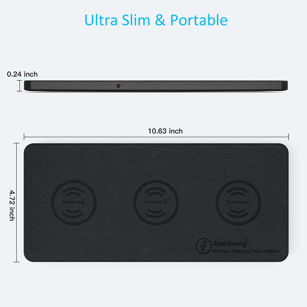 ZealSound Wireless Charging Pad, 3 in 1 Charger Mat for iPhone, Samsung Galaxy, Pixel, AirPods & Galaxy Buds, 24W Adapter Included, Ultra Slim, Case Friendly, PU Leather, for Home Office & Travel