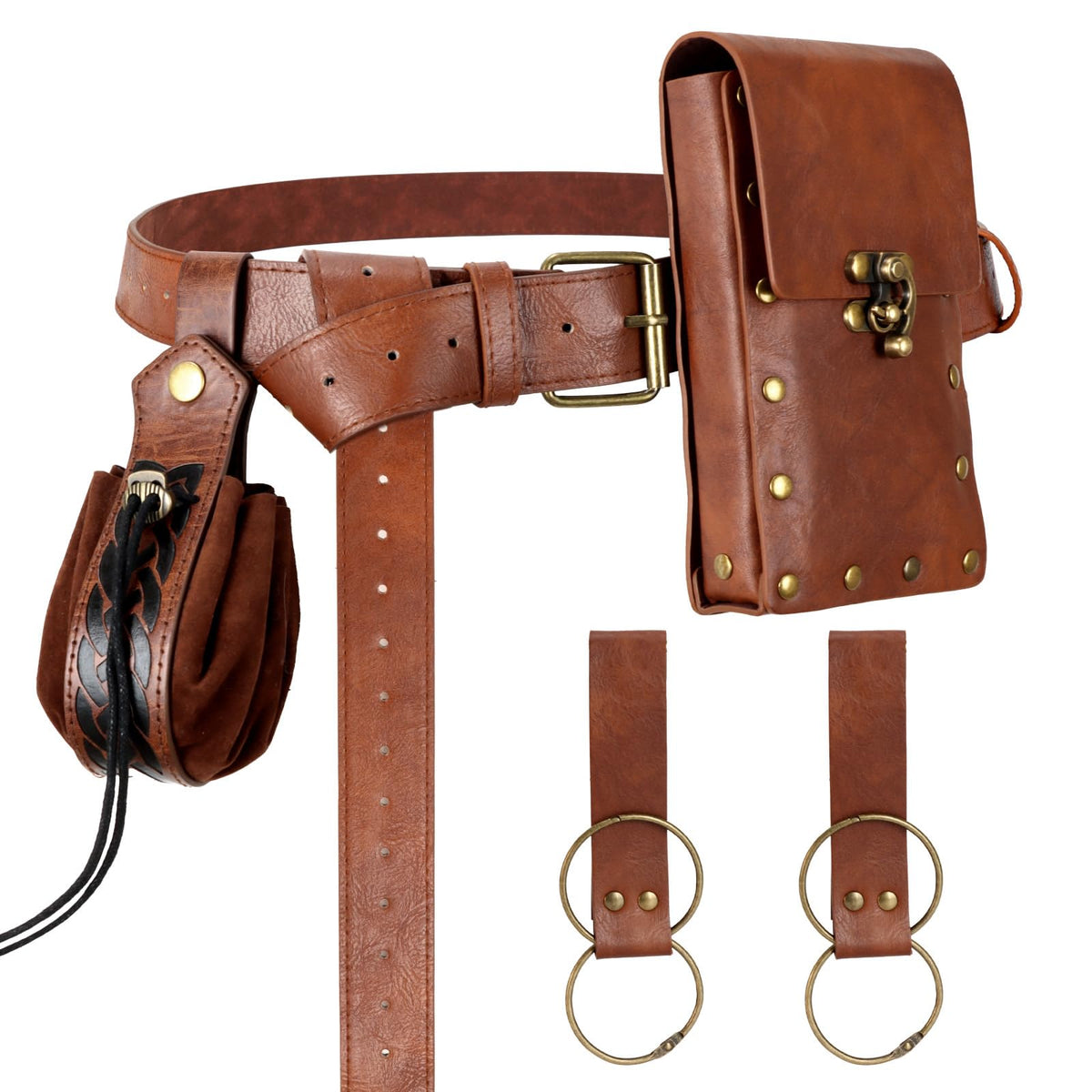 Renaissance Belt Pouch Medieval Viking Pirate Leather Bag Potion Bottle Set Skirt Hike Halloween Cosplay Costume Accessorie(Brown, Belt Pouch)