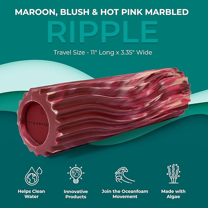 Oceanfoam Ripple Travel Foam Roller (11" x 3.35") Firm Mini Foam Roller for Physical Therapy, Deep Tissue Massage, Back Pain - High Density, Wave Textured - Yoga (Maroon, Blush & Hot Pink Marbled)