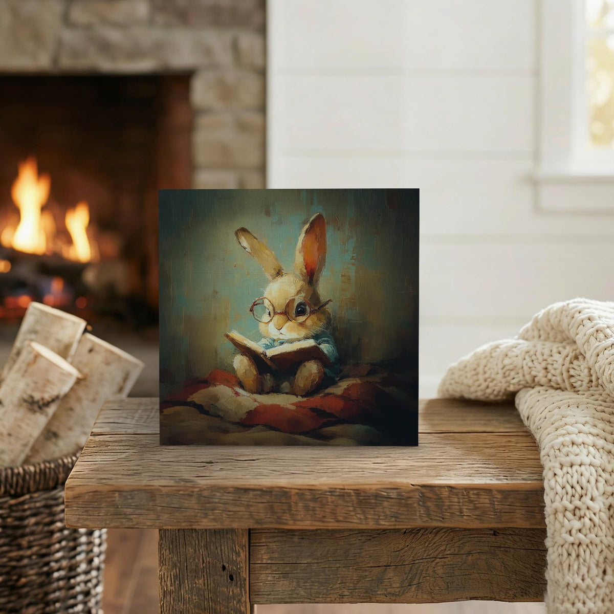 GWOKPAAI Moody Bunny Reading Book Wooden Box Signs Desk Decor, Book Lover Gifts, Moody Rabbit Bookish Wooden Signs Desk Decorations for Reading Room Nook Corner Library Tabletop Shelf Wall, 5x5in