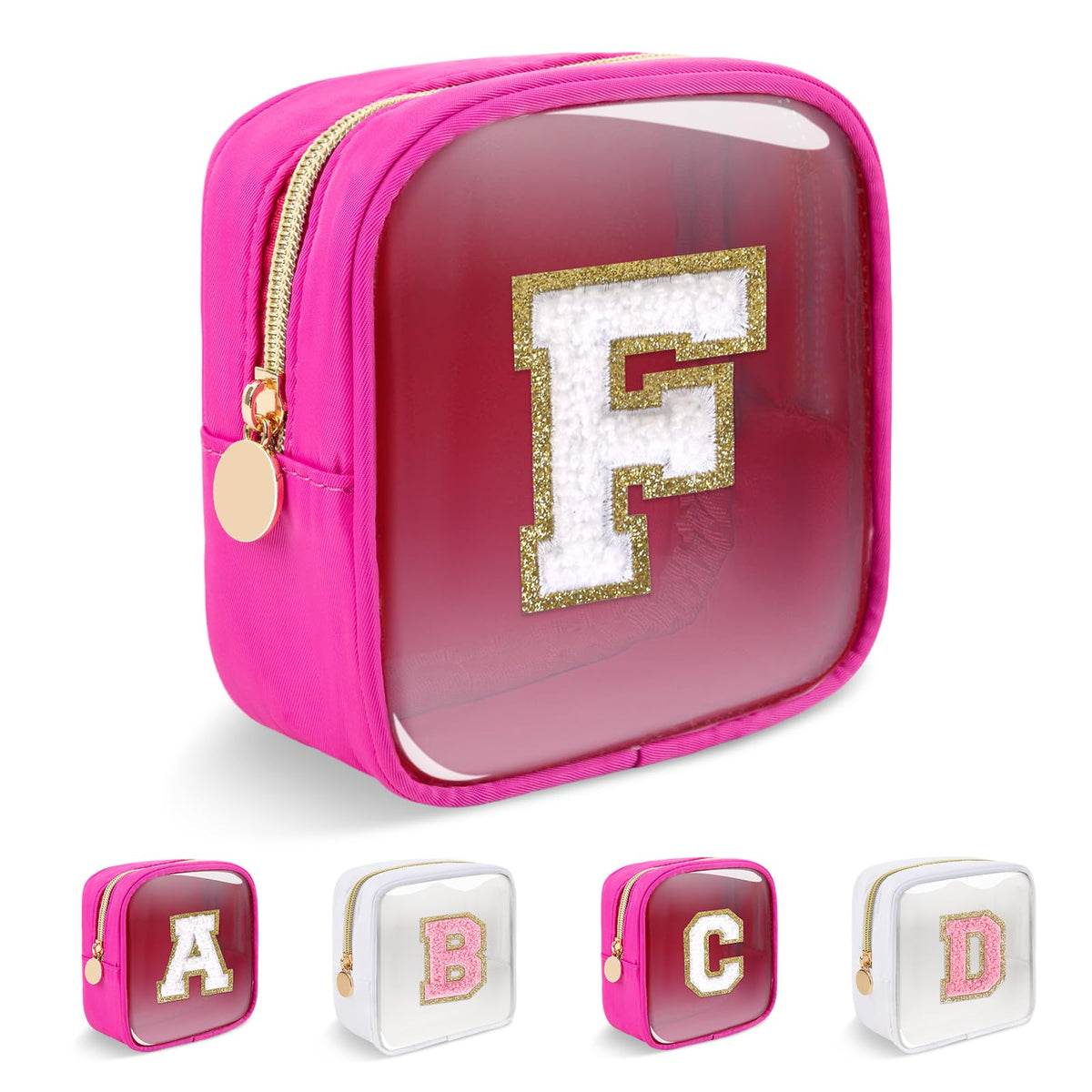 Personalized Initial Letter Clear Preppy Makeup Bag,Mini Nylon Chenille Letter Cosmetic Bag Cute Zipper Pouch Coin Purse for Teen Girls,Portable TSA Approved Travel Essentials Bag Gift for Women,F