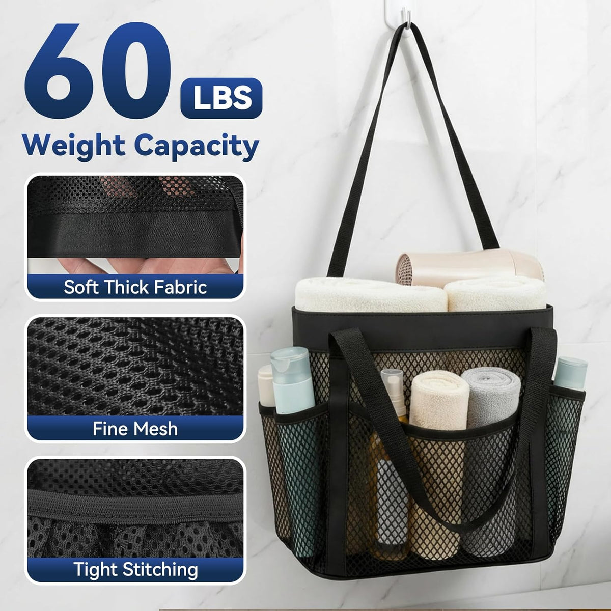 YASONIC Mesh Shower Caddy - Portable 8-Pocket Shower Bag with Double Handles | Black for Dorm & Gym Use