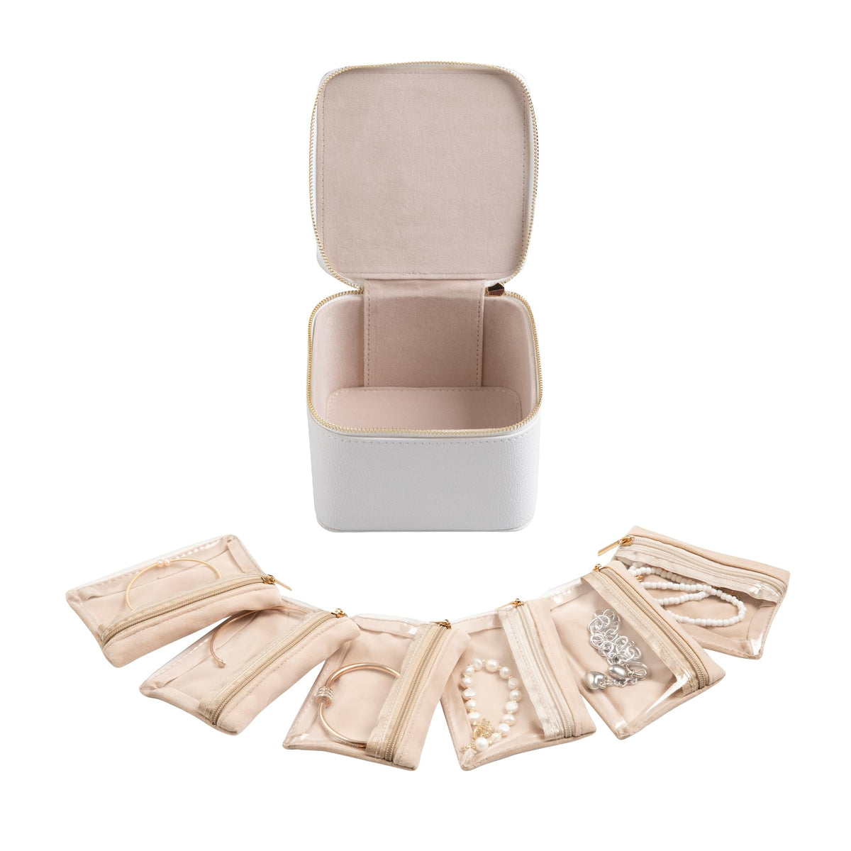 Frebeauty Small Travel Jewelry Box,Travel Jewelry Case with 6 Pouch Bags,Portable Travel Jewelry Organizer,Mini Jewelry Storage,3.35 x 4.9 x 4.8 Inches,Gift Idea for Women Girls (White)
