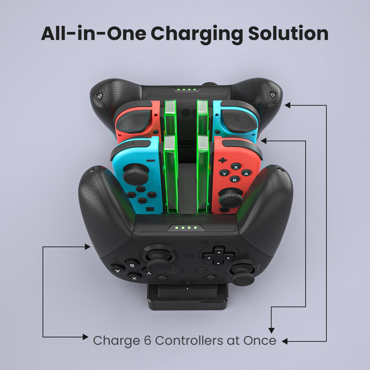 Controller Charger Dock for Nintendo Switch – 6 in 1 Charging Station for 4 Joy-Cons & 2 Pro Controllers, LED Indicator, Quick USB Charging, Not Compatible with Switch 2 Joycon