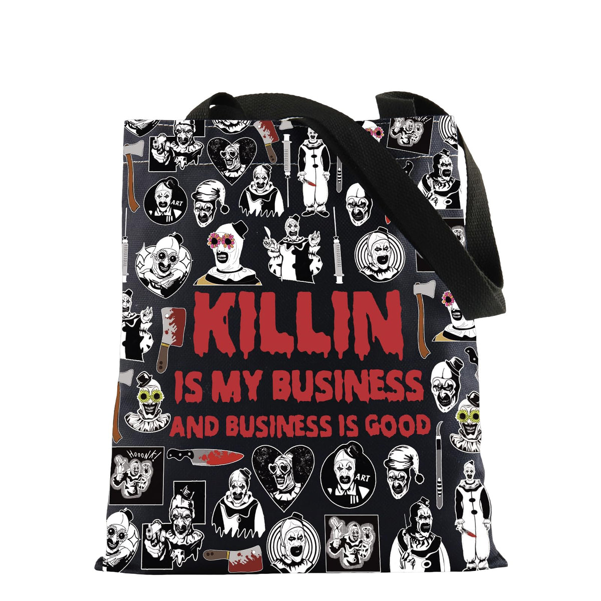 KUIYAI Clown Movie Merchandise Inspired Tote Bag KillerClown Canvas Bag Horror Movie Lover Gift Art Scary Clown Character Gift (BusinessGoodToteBlk)