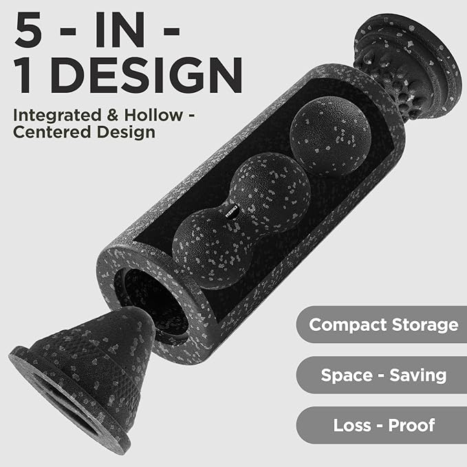 5 in 1 Foam Roller Set with Peanut Massage Ball, Curved Muscle Brush - Yoga Roller, Massage Ball, Trigger Point Triangle for Deep Tissue Relief (Black Gray)