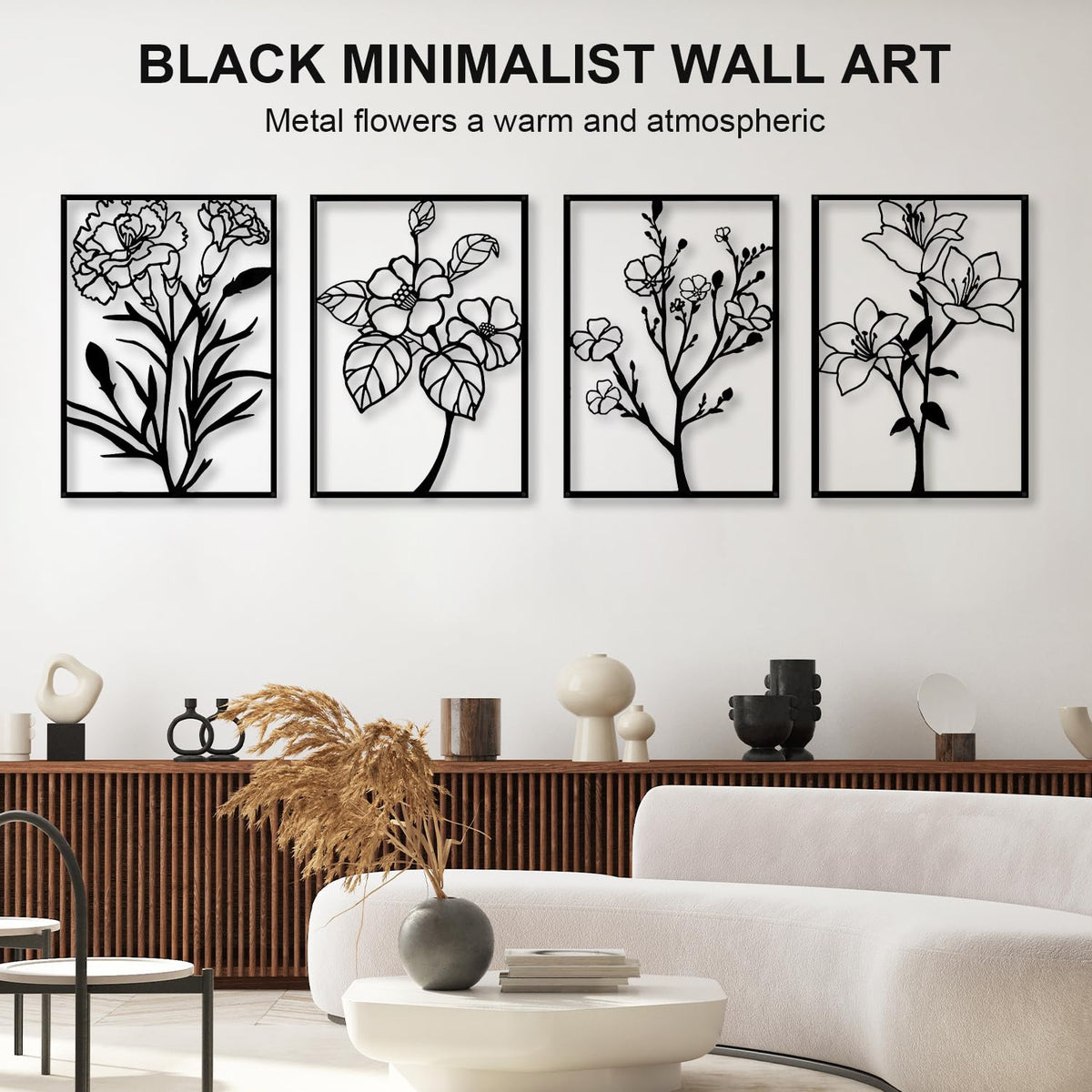ZNZAPO 4 Pcs Black Metal Flower Wall Art, Abstract Line Art Wall Decor, Minimalist Floral Wall Hanging Art, 3d Wall Art Sculptures Decor for Living Room Bedroom Bathroom (11 × 15.7”)