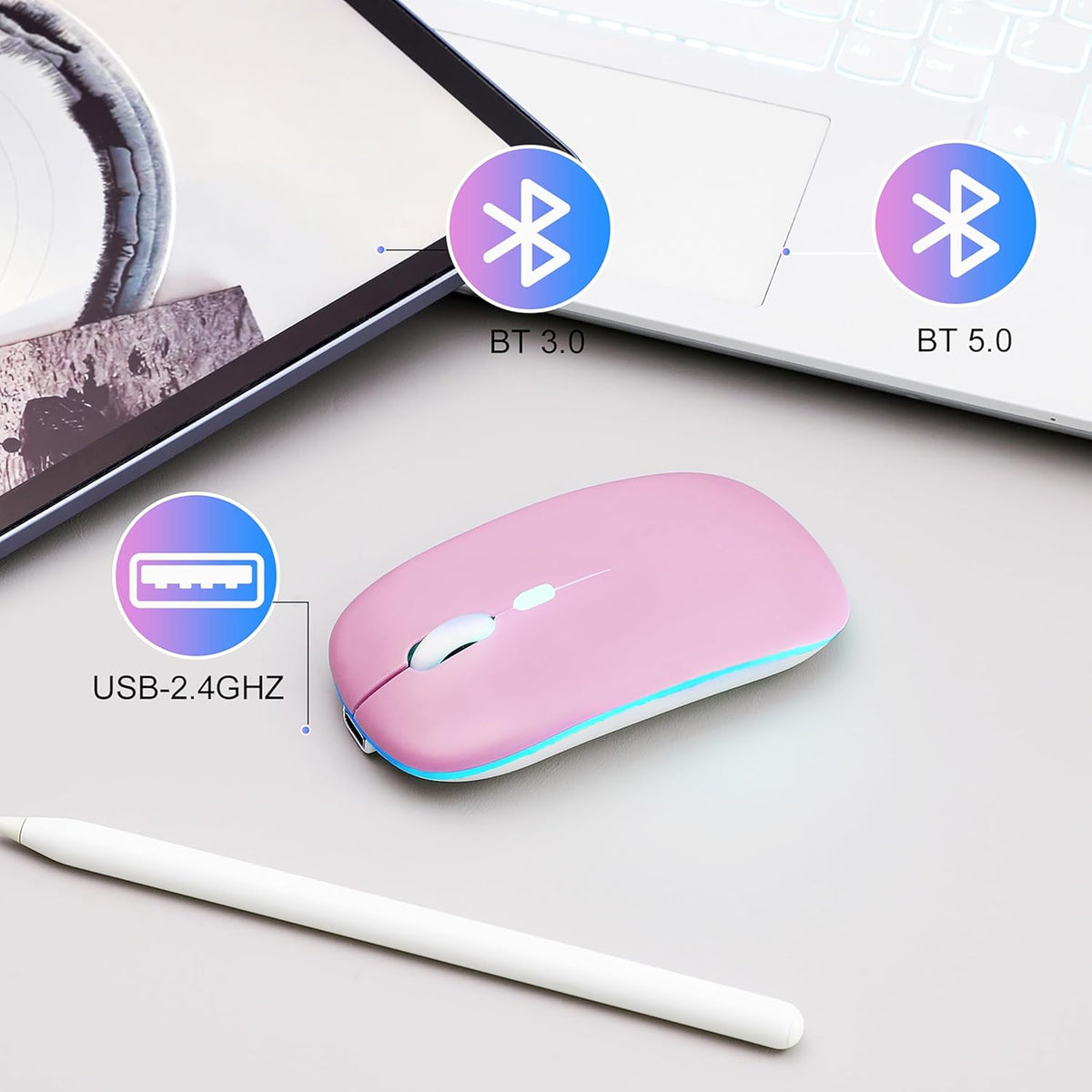 AZTZATZ 5.2 2.4G Wireless Bluetooth Mouse Rechargeable Long Lasting Dual Mode - BT & Silent RGB LED Mice, Slim Portable