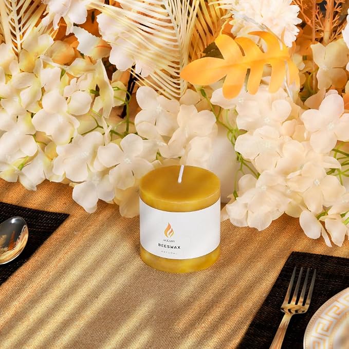3PCS 3"x 3" Beeswax Pillar Candles, Made of Pure Natural Beeswax, with Ultra Long Burning Time and Low Allergenicity-Raw,40H