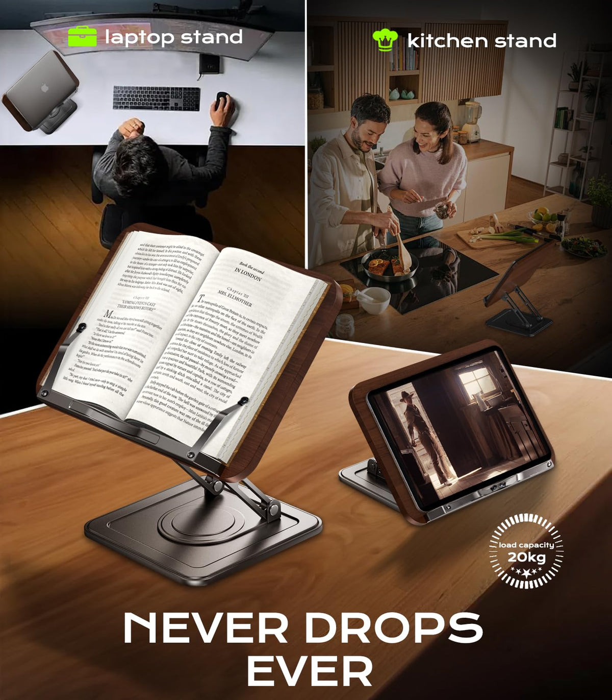 Book Stand for Reading, Adjustable Book Holder with 360°Rotating Bases, Ergonomic Cookbook Stand Recipe Book Holder with Elastic Page Clips for Magazines, Tablets, Laptops,Black