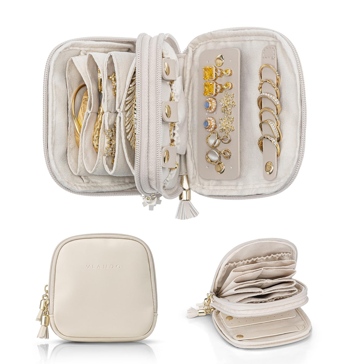 VLANDO Travel Jewelry Case,2-Layer Jewelry Organizer for Travel,Mothers Day Mom Gifts,Multi-Compartment Jewelry Storage for Rings Earrings Necklaces Bracelets-Cream White