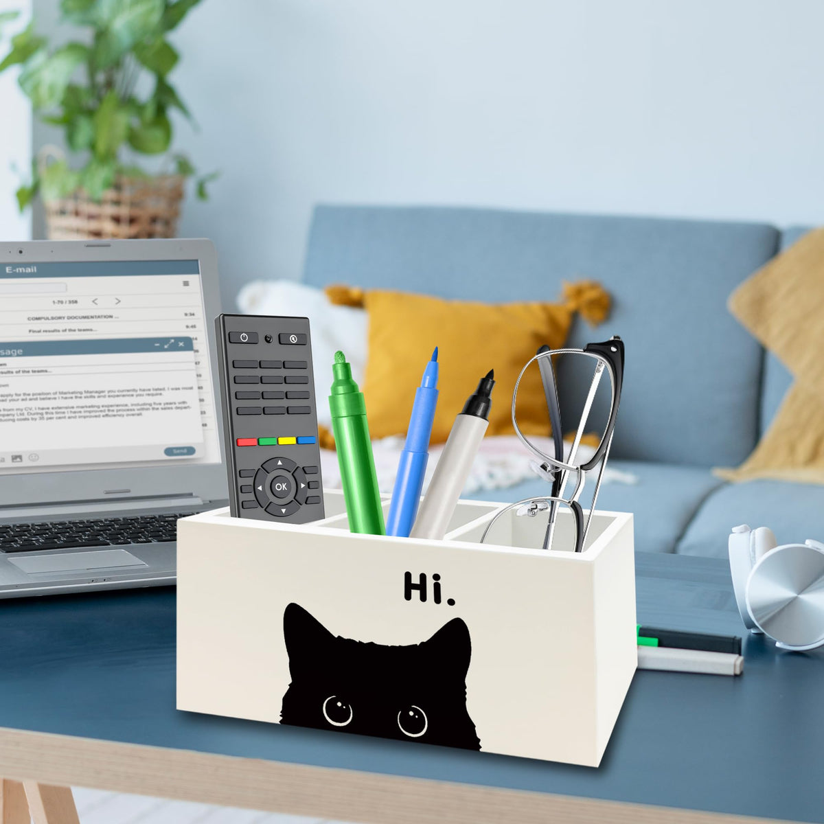 QZQE Funny Black Cat Pen Pencil Holder Organizer for Desk, Black Cat Lovers Gifts for Women Men Wooden Box Signs Decorations for Home Office Desk Tabletop, Gifts for Pet Lover