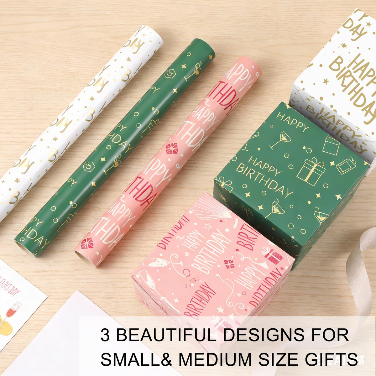 Lenpel Birthday Wrapping Paper Roll 3-Pack, 17 x 200 Inch Gift Wrap in Pink, Green & Gold, Birthday Wrapping Paper for Women, Kids and Adults, Perfect for Birthday Gift Wrapping