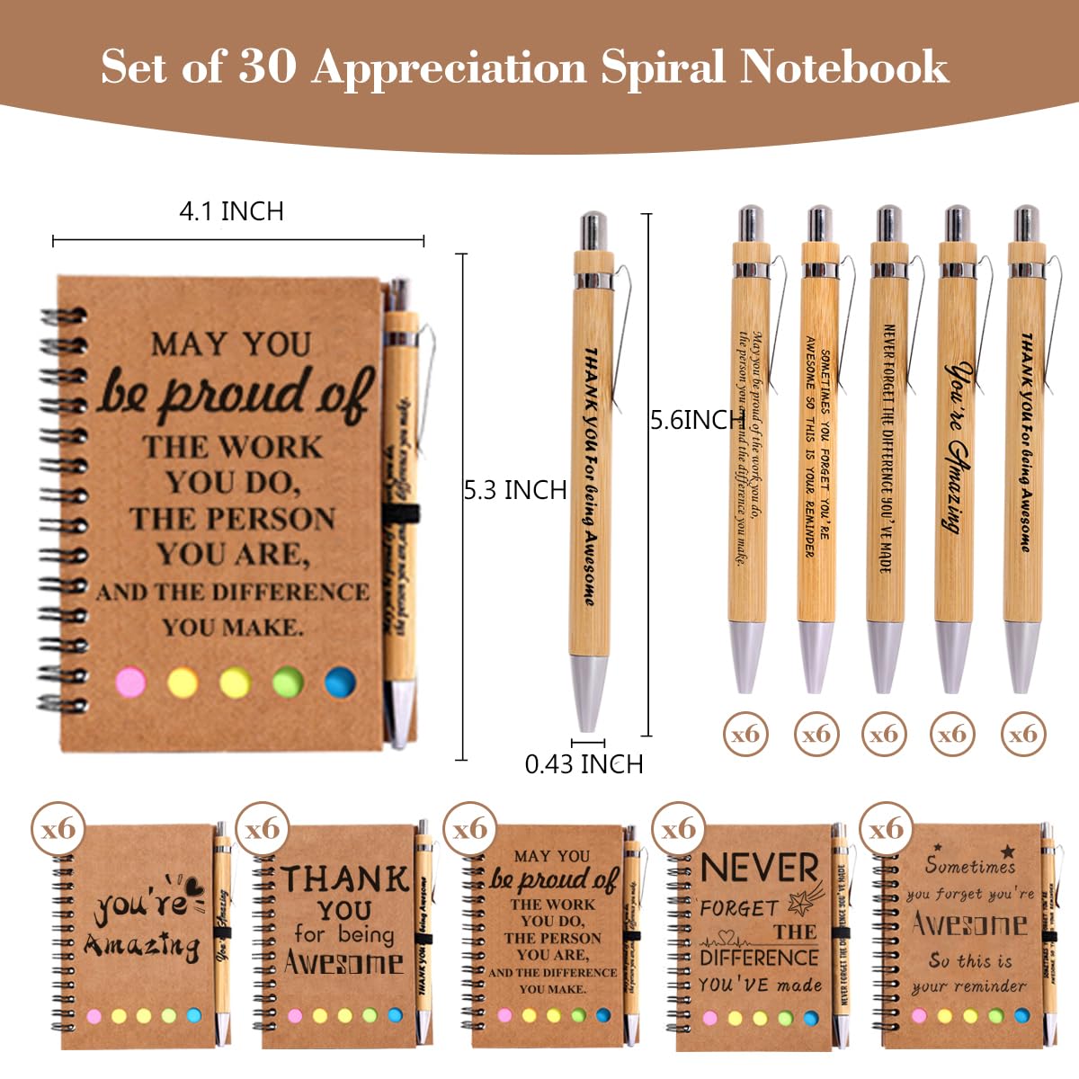 30 Sets Employee Appreciation Gifts Bulk Inspirational Spiral Notebook with Sticky Note and Motivational Bamboo Pens Thank You Gifts for Employees Coworkers,Teachers,Nurse,Office Staff,Team,Volunteer