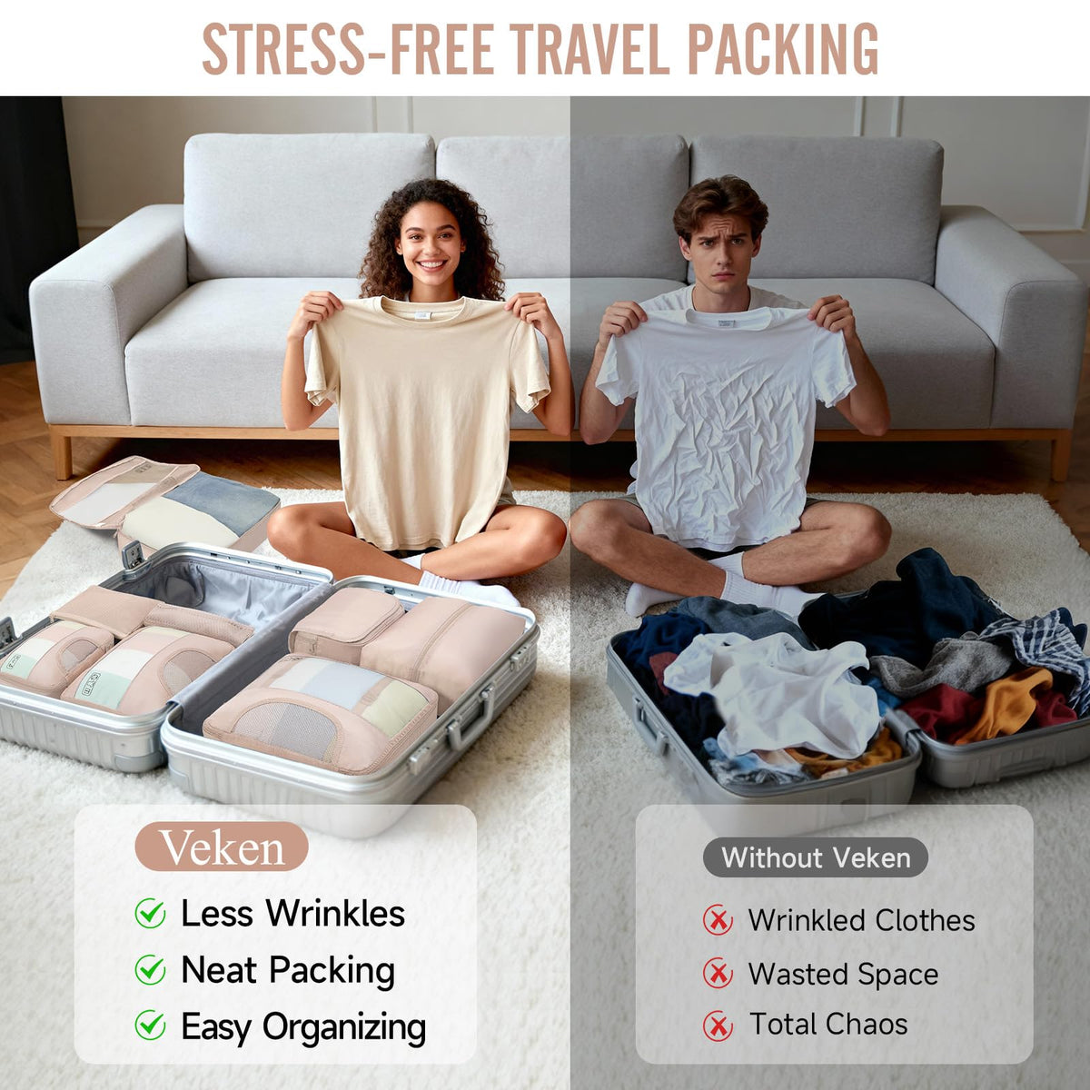 Veken 10 Set Packing Cubes for Travel, Beach Vacation Essentials Accessories for Cruise Ship, Suitcase Organizer Bags for Luggage with Hanging Toiletry & Shoe Bag, Birthday Gifts for Women Mom Her