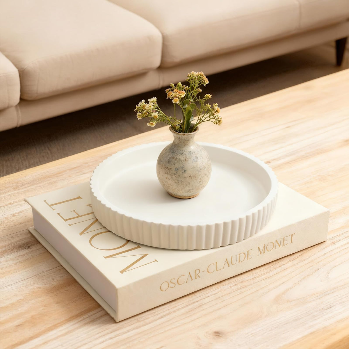 Decorative Concrete Tray & Book Set - Modern Scalloped Home Decor Tray & Linen Storage Box for Coffee Table, Bookshelf, Entryway, Console, Living Room, Housewarming Gift (White)