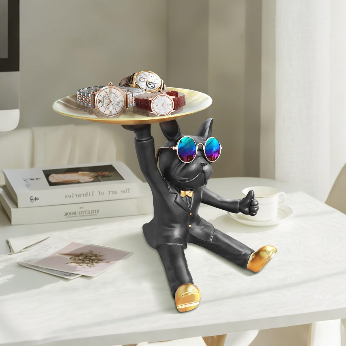 Cozy Villa French Bulldog Tray Statue, Black Frenchie Sculpture with Gold Tray for Entrance Coffee Table Décor, Dog Key Holder Jewelry Trays