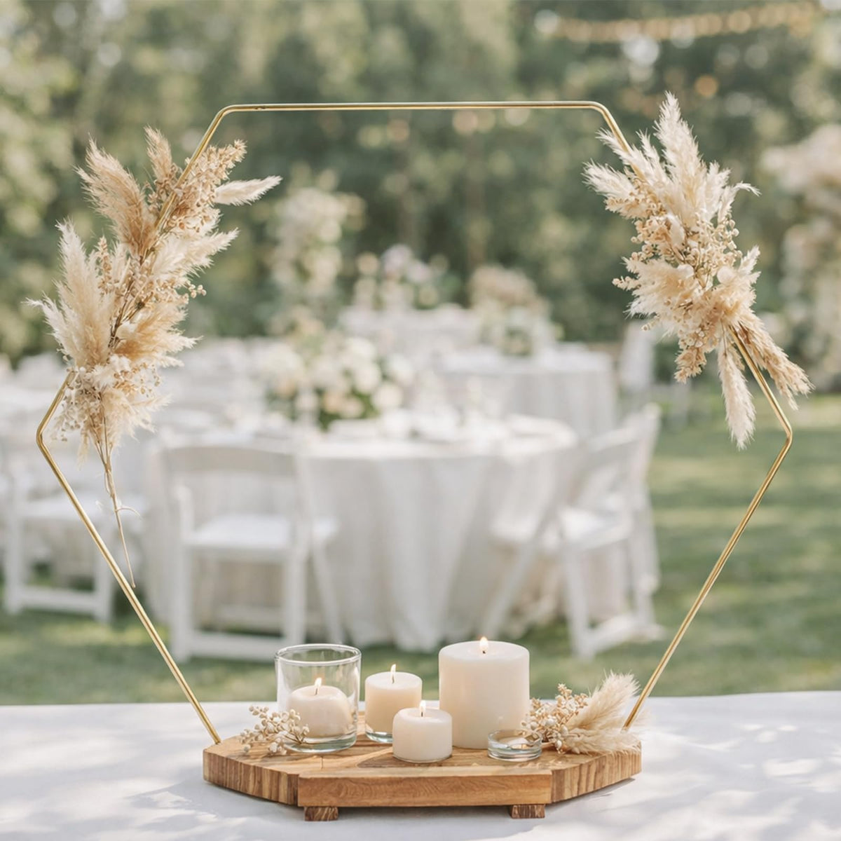 MJRASG 4 Pack Hexagon Floral Hoops with Wooden Stand, 12 Inch Metal Rings for Wedding Centerpiece Table Decorations Crafts Wreath Wedding Birthday Party Candle Rings, DIY Floral Displays