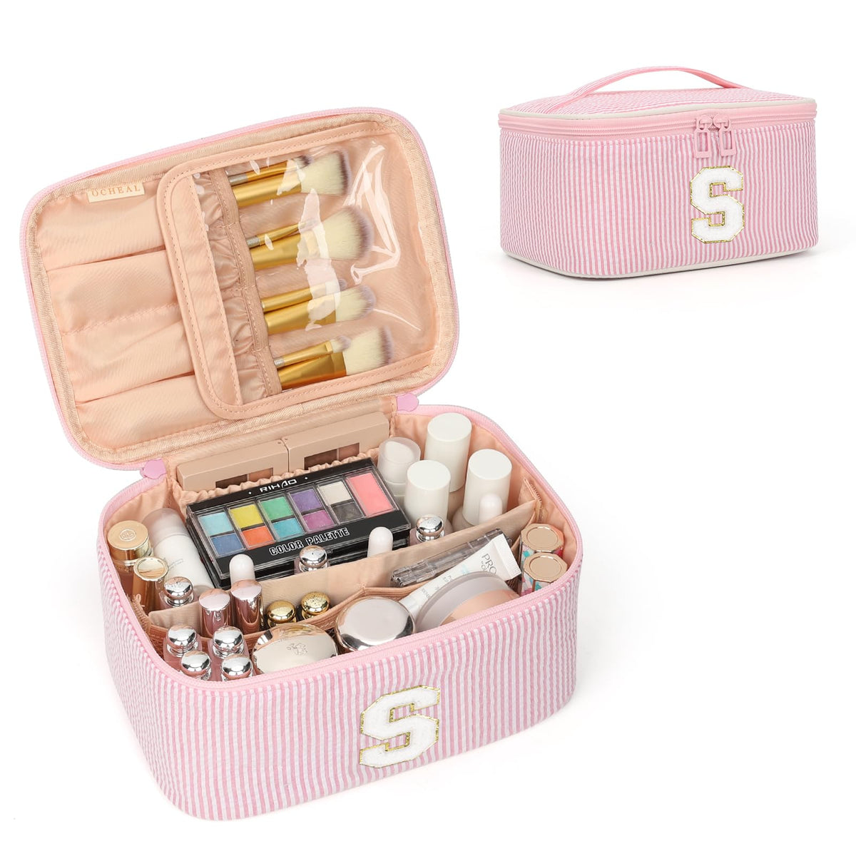 OCHEAL Makeup Bag for Women, Monogram Cosmetic Bag Pink Travel Makeup Case Beauty Toiletry Bag Organizer Personalized Gifts for Girls Bridesmaid, Sister, Wife, Friends Initial S