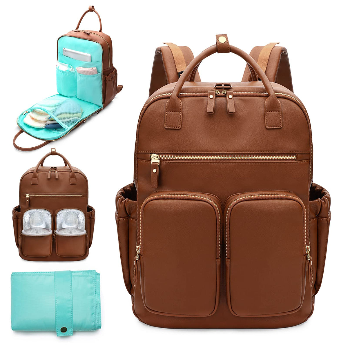 MOMINSIDE Diaper Bag Backpack, Leather Baby Bag with 18 Pockets, Diaper Backpack for Women Mom, Travel Baby Bag for Girl Boy, Large Wet Pocket, 4 Insulated Pockets, Stroller Straps, Brown