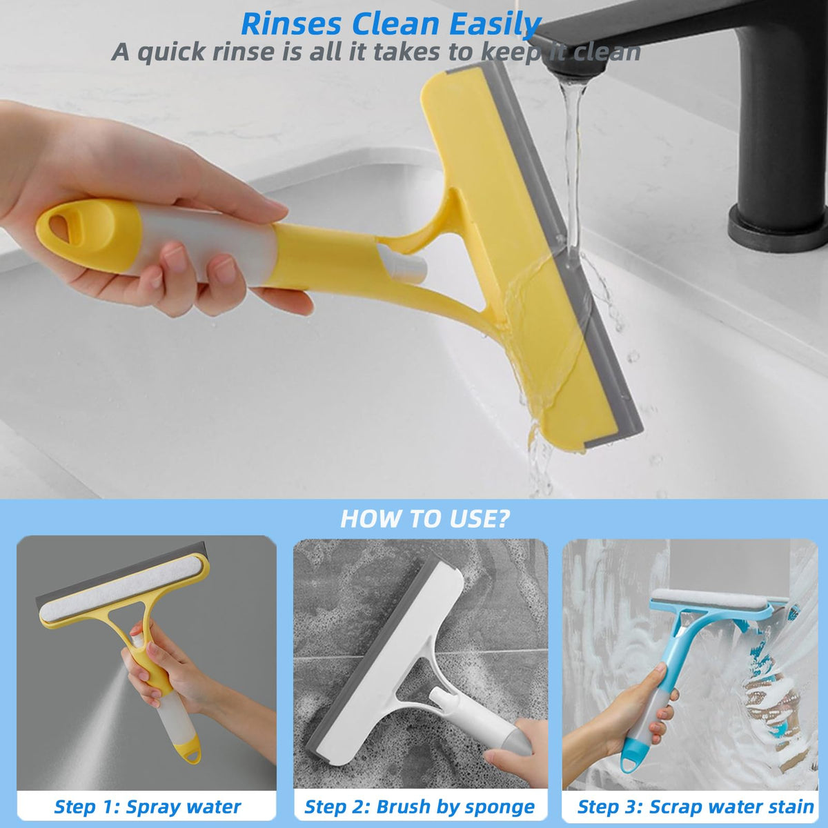 3 in 1 Window Squeegee, Cleaning Scraper with Scrubber Sponge Sprayer Clean Kit for Glass, Tile Walls, Shower Door, Car, Bathroom Cleaner (White)