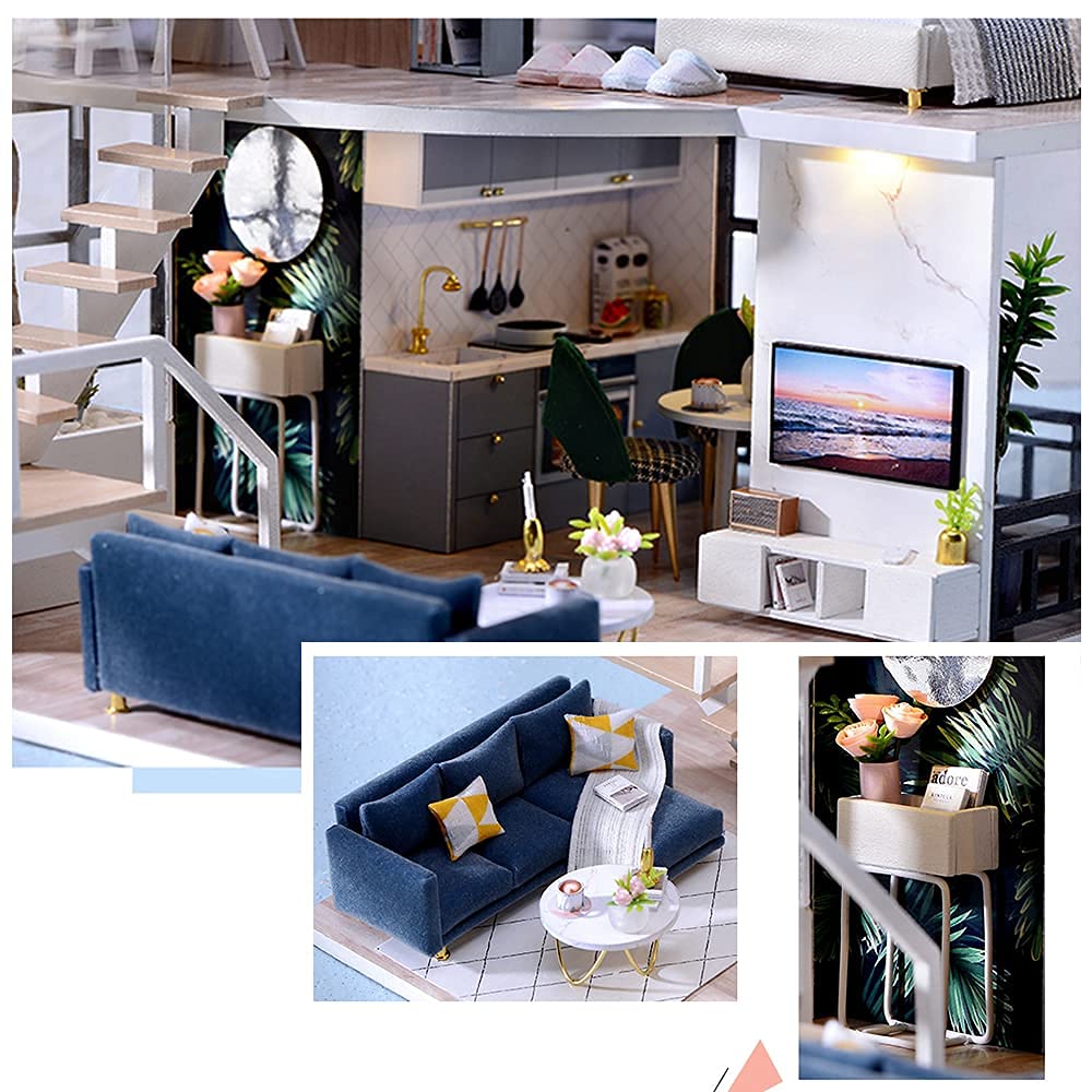 Lannso DIY Dollhouse Miniature Wooden Furniture Kit, Doll House Kit with Dust Proof Cover Music Box, Mini Handmade Wooden Dollhouse Toys for Adult Gift(L32)