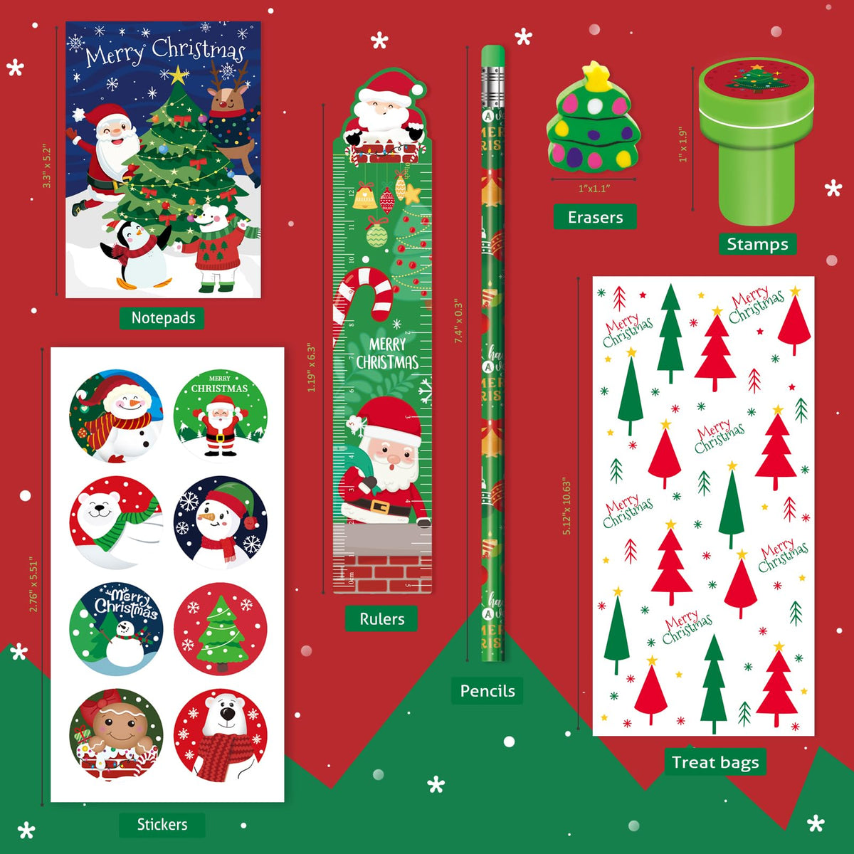 BEARUN 168 Pcs Christmas Party Favors Bulk for Kids-24-Pack Christmas Stationery Set for Stocking Stuffers, Christmas-Themed Classroom Gift Exchange School Games Prizes Carnival Events