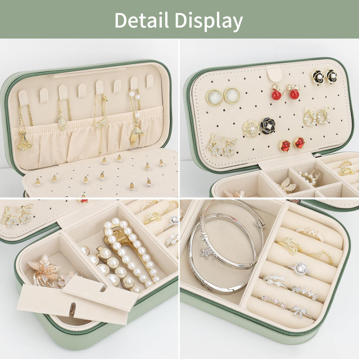 DesignSter Travel Jewelry Box, PU Leather Portable Jewelry Case, Small Jewelry Boxes for Gifts, Travel Jewelry Organizer for Women Rings Earrings Necklaces Bracelets (Avocado Green)